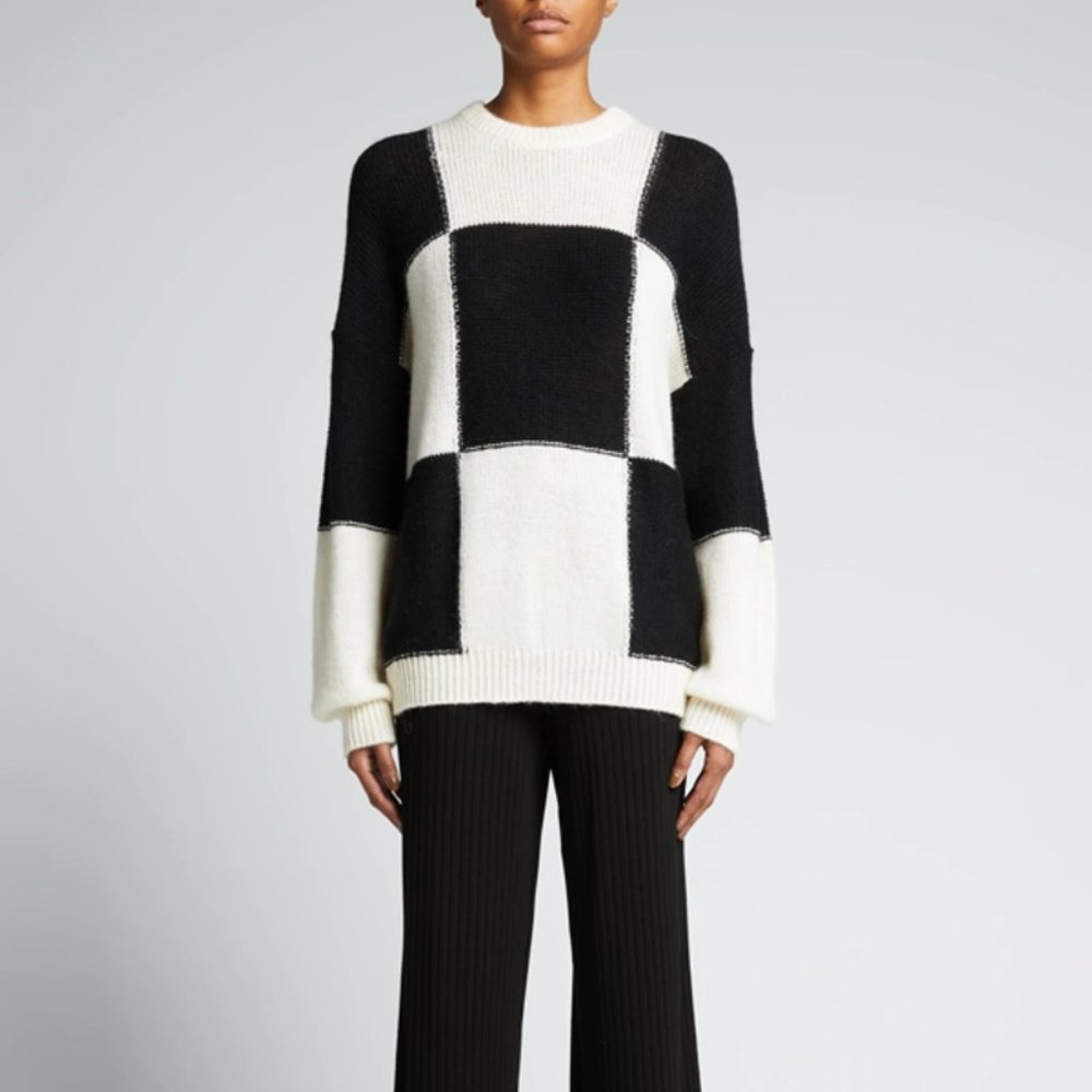 Mother Black & White Check Color Block Sweater